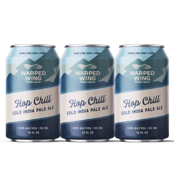 image of 3 cans of Hop Chill Cold IPA brewed by Warped Wing Brewing Company